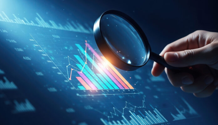 psychologia inwestowania analiza danych finansowych przez lupę -symbol psychologii inwestowania i podejmowania decyzji